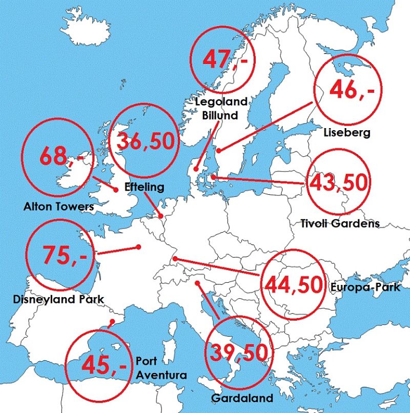 Entreeprijzen van grootste pretparken in Europa - © Parkplanet - Kaart: © D-Maps